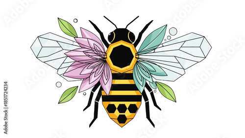 Artistic Honey Bee with Colorful Floral Wings and Striped Body, isolated white background