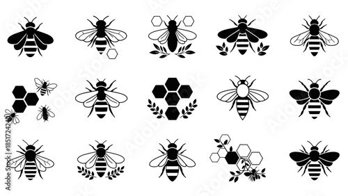 Collection of Black and White Bee Icons and Honeycomb Elements, isolated white background