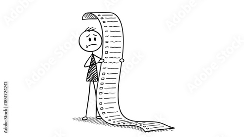 Concerned stickman standing next to a very long, folded checklist, feeling sad or overwhelmed by the tasks, isolated white background.