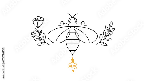 Minimalist Line Art Bee with Flower and Dripping Honey on Isolated White Background