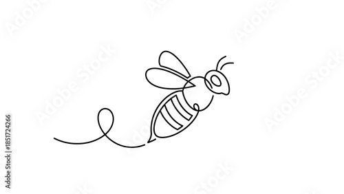 Continuous line art drawing of a flying bee in motion, depicting simplicity and grace, isolated white background.