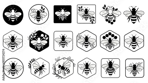 Collection of various bee logo icons and symbols in black and white, featuring honeybees and design elements, isolated white background.