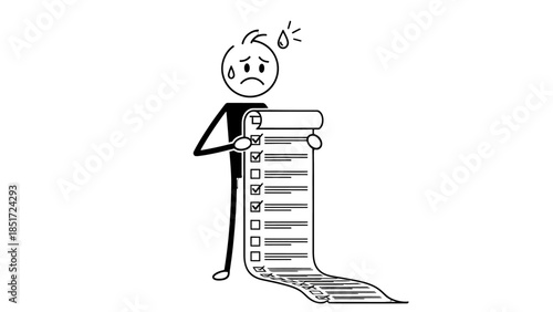 Stressed stickman holding a very long checklist with many tasks, feeling overwhelmed, isolated white background.