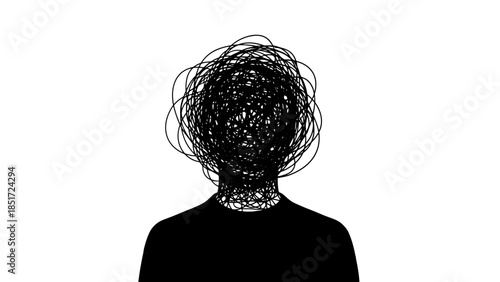 Abstract Head with Dense Tangled Messy Lines Representing Extreme Mental Confusion and Stress on Isolated White Background