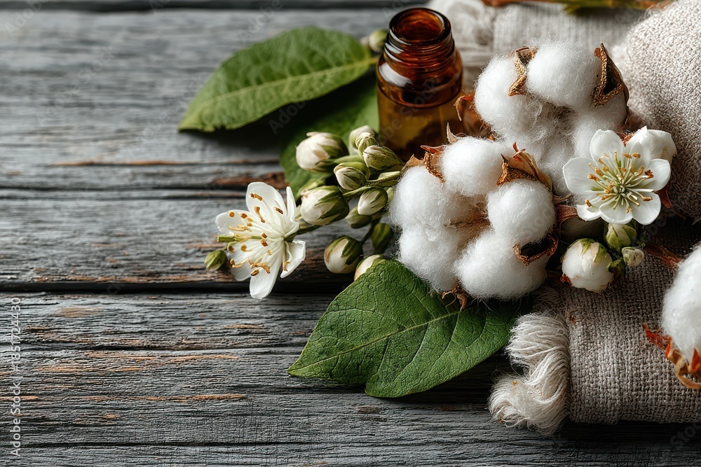 Obraz premium Cotton flowers, green leaves, and essential oil on rustic wooden background