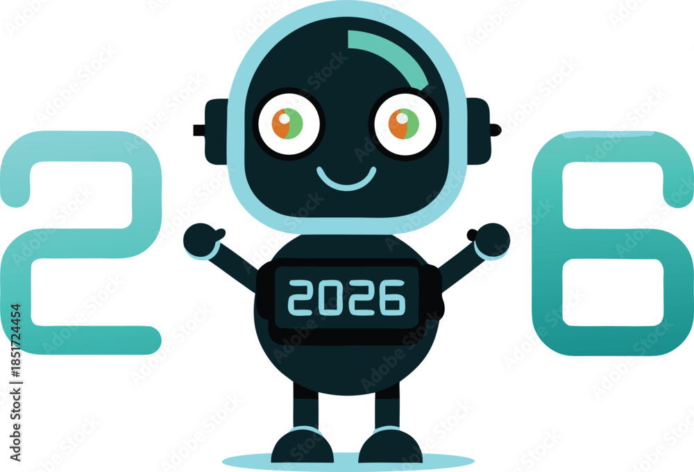 Fototapeta premium Robot celebrating 2026 isolated on transparent background