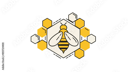 Stylized Bee and Honeycomb Hexagonal Structure Logo Icon on Isolated White Background