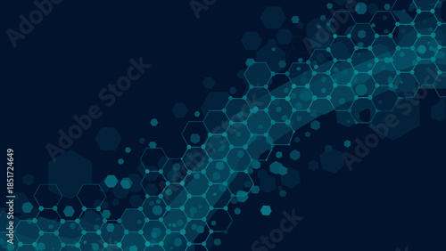 Abstract dark blue background with teal hexagon pattern and bokeh effect spanning across the frame