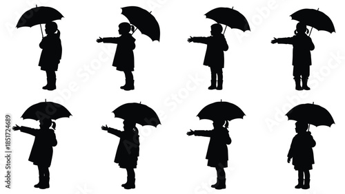 Collection of black silhouette graphics showing a child with an umbrella