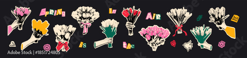 Spring flowers halftone art collage cut outs set. Various paper clipping shapes, female hands holding tulips bouquets with dot texture and doodles. Modern retro grunge mixed media vector illustration