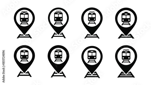 Set of eight black and white train location marker icons for navigation