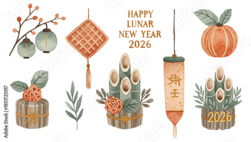 Natural-organic watercolor clip-art set for Lunar New Year 2026 with eco / foraged aesthetic.