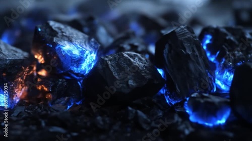 Glowing embers macro shot with blue and orange highlights