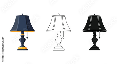 Variations of a classic table lamp design presented in color outline and silhouette