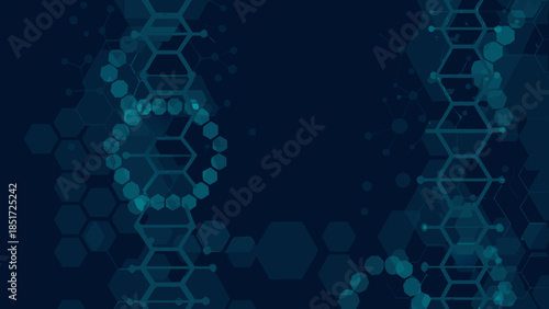 Abstract dna helix strand with hexagonal shapes on a dark blue background for science and technology uses