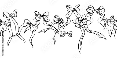 Satin bow line with neat knots and vintage style ribbon tails. Seamless banner isolated illustration hand drawn in ink. Great for holiday packaging, Valentines decor, Christmas festive greetings.