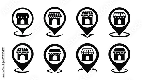 Set of eight black store location map pointer icons for navigation