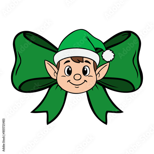 Dibujo sencillo con líneas de cabeza de elfo de Santa Claus con lazo de cinta de regalo para tarjetas y felicitaciones de Navidad