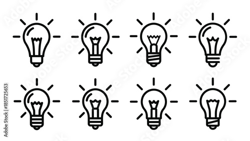 Collection of glowing light bulb line icons representing ideas and innovation