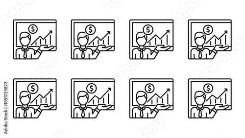 Businessman presenting upward trending financial growth chart icon set