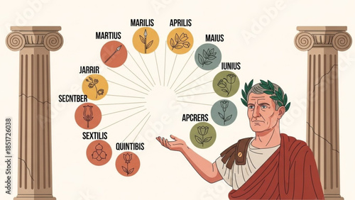 Ancient roman man presenting months of the year with floral symbols and columns