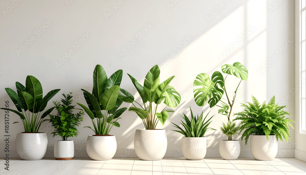 Fototapeta premium Collection of Lush Green Houseplants in White Pots.