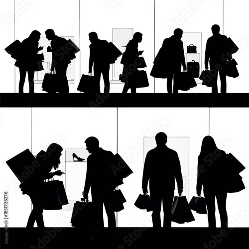 Silhouettes of diverse shoppers carrying bags depicting a bustling retail environment.