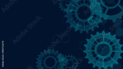 Illustration showing a dark blue background with translucent gears and hexagon shapes overlaying it