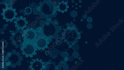 Illustration showing a cluster of gears and hexagons in shades of teal on a dark blue background
