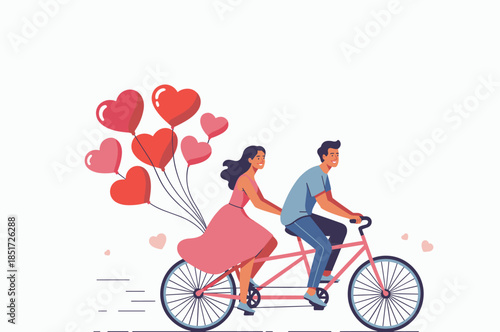 Happy romantic couple riding bicycle with heart balloons love journey illustration valentine day background design for celebration artwork