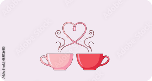 Romantic coffee cups with heart shaped steam symbolizing love connection valentine day illustration minimal pink background design