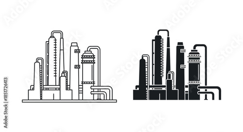 Industrial complex line art illustration depicting factory buildings and infrastructure a minimalist silhouette