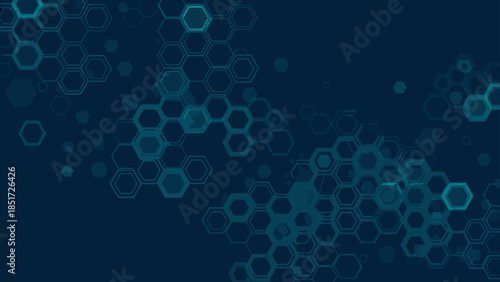 Abstract dark blue background featuring a pattern of interconnected teal hexagons and smaller hexagons
