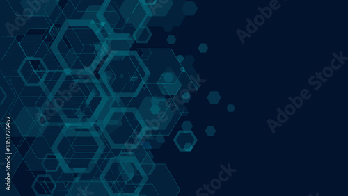 Abstract background featuring translucent teal hexagons arranged on a dark blue gradient surface area