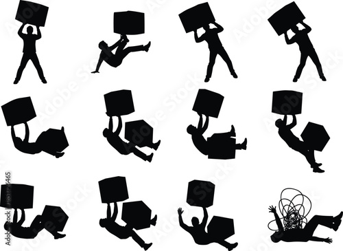 Set of Silhouettes Showing Person Overwhelmed by Heavy Box or Cube, Illustrating Concepts of Stress, Burden, Pressure, and Mental Overload, Vector Icons for Business and Psychology