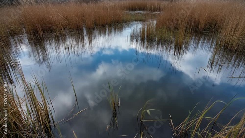 Wallpaper Mural Serene marshland scene with vibrant sky reflections on still water surrounded by golden reeds and lush green shoots, showcasing tranquil wetland beauty. Torontodigital.ca
