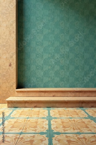Elegant Two-Step Platform Against a Textured Teal Wall in a Room with Ornate Tile Flooring
