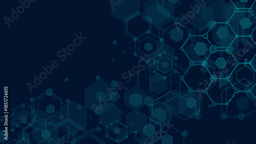 Abstract dark blue background with connected hexagons forming a network structure design element
