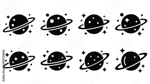 Set of eight black and white icon variations depicting planets with rings