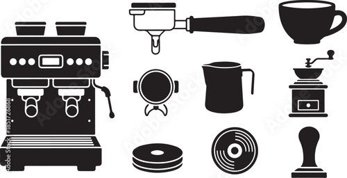 Coffee shop equipment icons including espresso machine and grinder