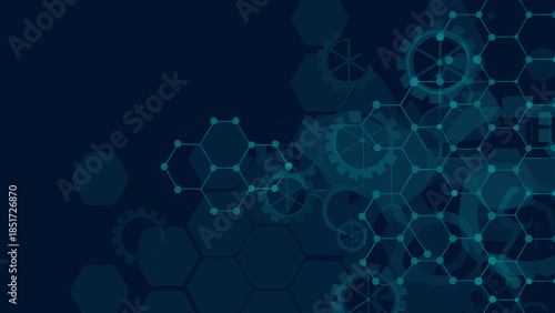Hexagonal network with interconnected nodes and gears on a dark blue gradient abstract background design element