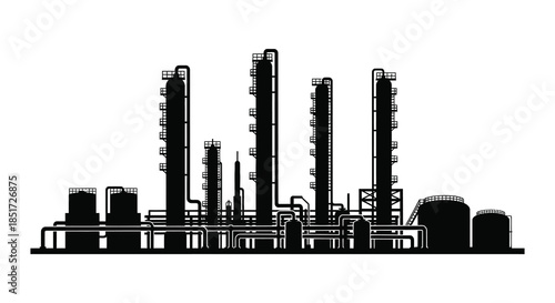 Industrial complex with multiple towers and connecting pipelines shown in dark silhouette