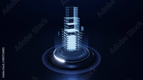 Hologram platform with glowing neon digital virtual building, future architecture construction, Sci-fi real estate or property technology concept, 3d rendering