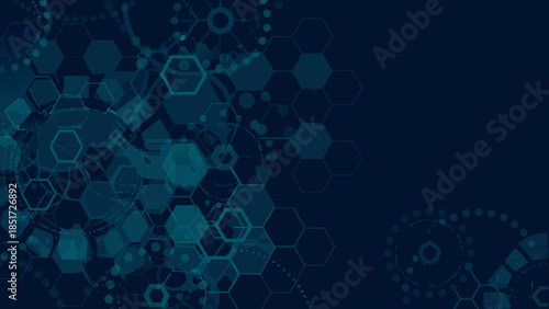 Abstract dark blue background featuring a network of interconnected hexagons and circular elements design