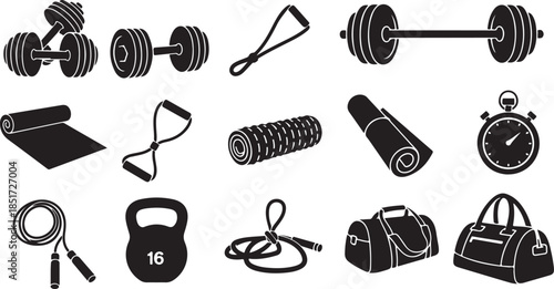 Fitness equipment icons for healthy workout routine and exercise