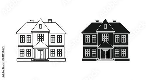 Two house illustrations one white outline and one dark silhouette