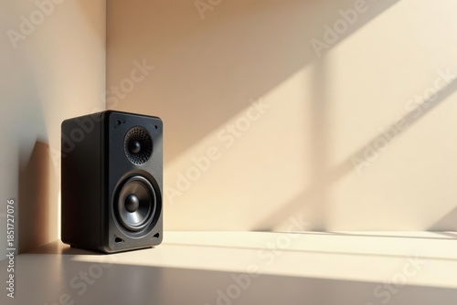 A modern black speaker rests in a sunlit corner, casting a soft shadow against a neutral backdrop. This minimalist scene evokes a feeling of calm and sophisticated audio enjoyment.