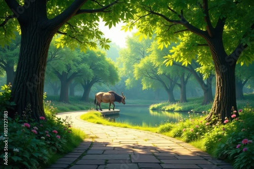 Serene Pathway Meandering Through a Lush Green Forest, a Majestic Creature by a Tranquil Pond