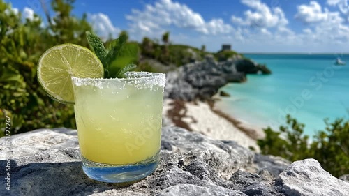 Refreshing cocktail with lime and mint against scenic coastal background