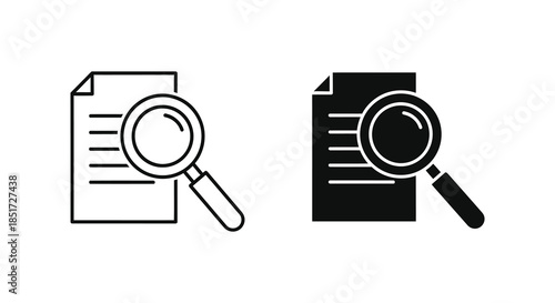 Document review with magnifying glass icons line art and solid black silhouette